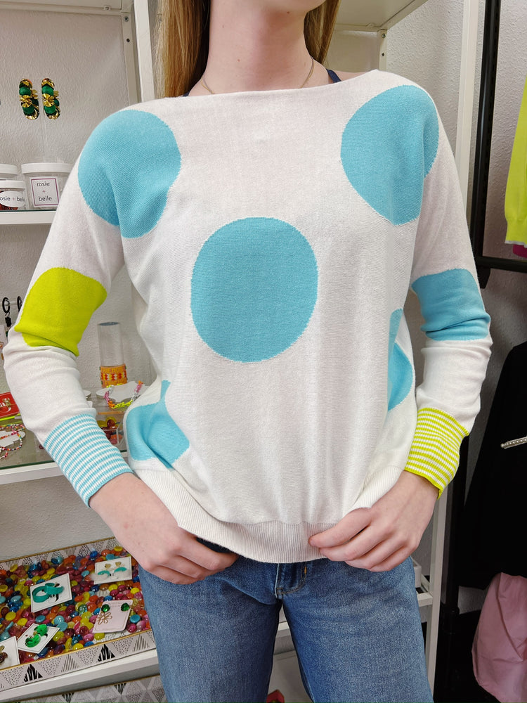 White Sweater With Blue Polka Dots