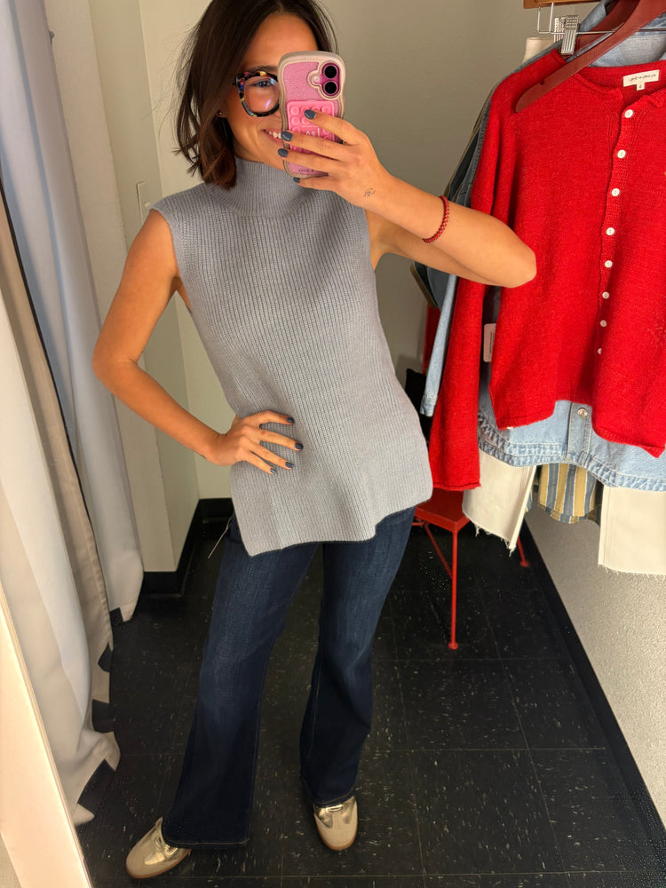 High Neck Sleeveless Sweater- Dusty Blue
