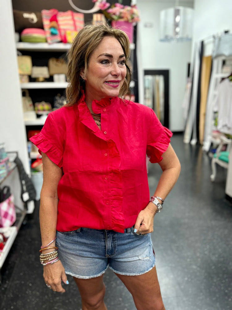 Linen Ruffle Top- Red