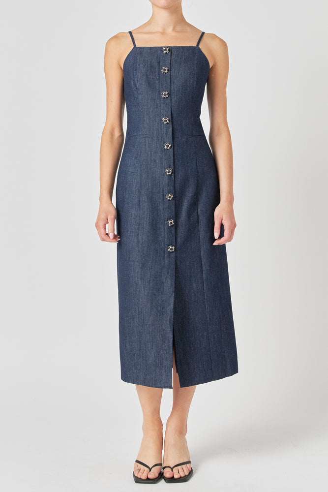 High Neck Denim Midi Dress