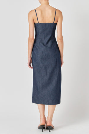 High Neck Denim Midi Dress