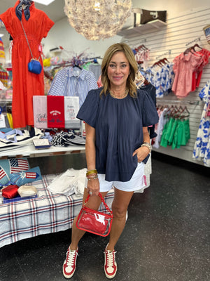 Navy Pleated Blouse