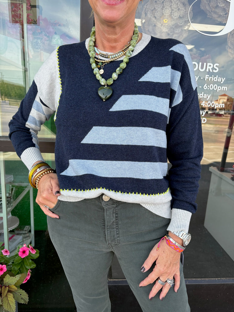 Denim Handwork Stripe Sweater