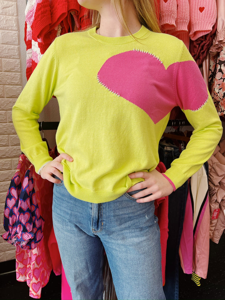 Lime Sweater With Pink Heart