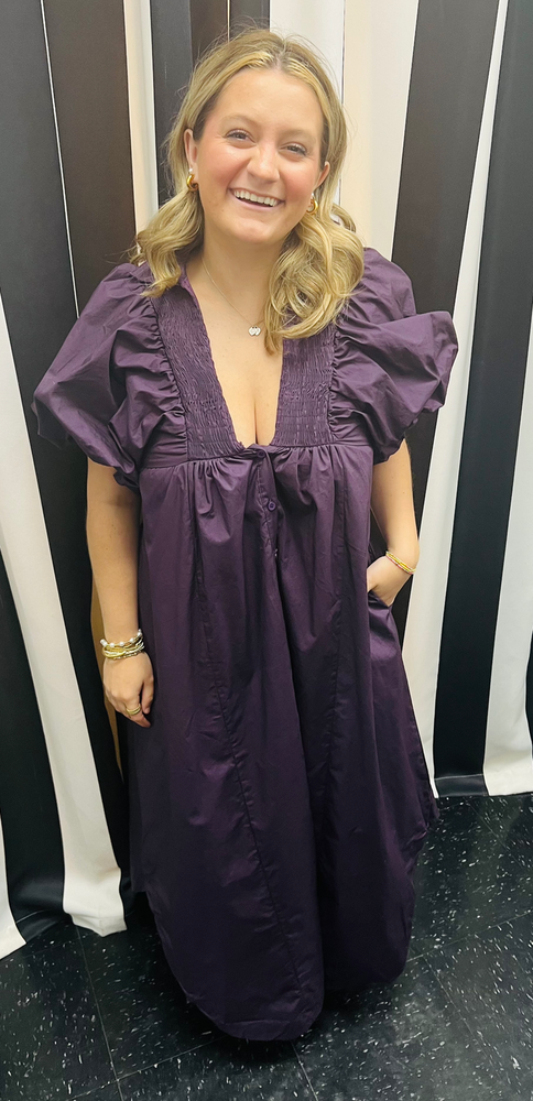 Puff Sleeve Midi Dress - Purple