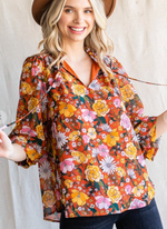 Floral Print Chiffon Shirt - Rust