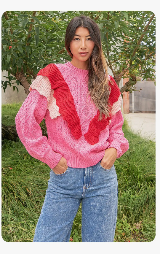 Ruffled Accent Cable Knit Sweater - Rose