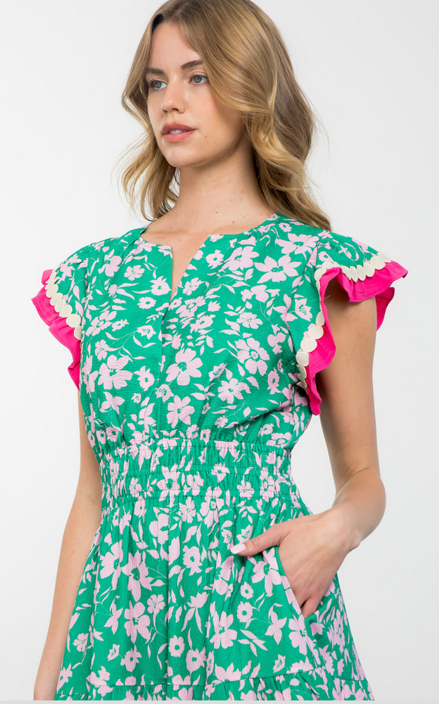 Flutter Sleeve Green/Pink Dress