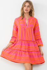 Pattern Tired Dress - Orange/Pink