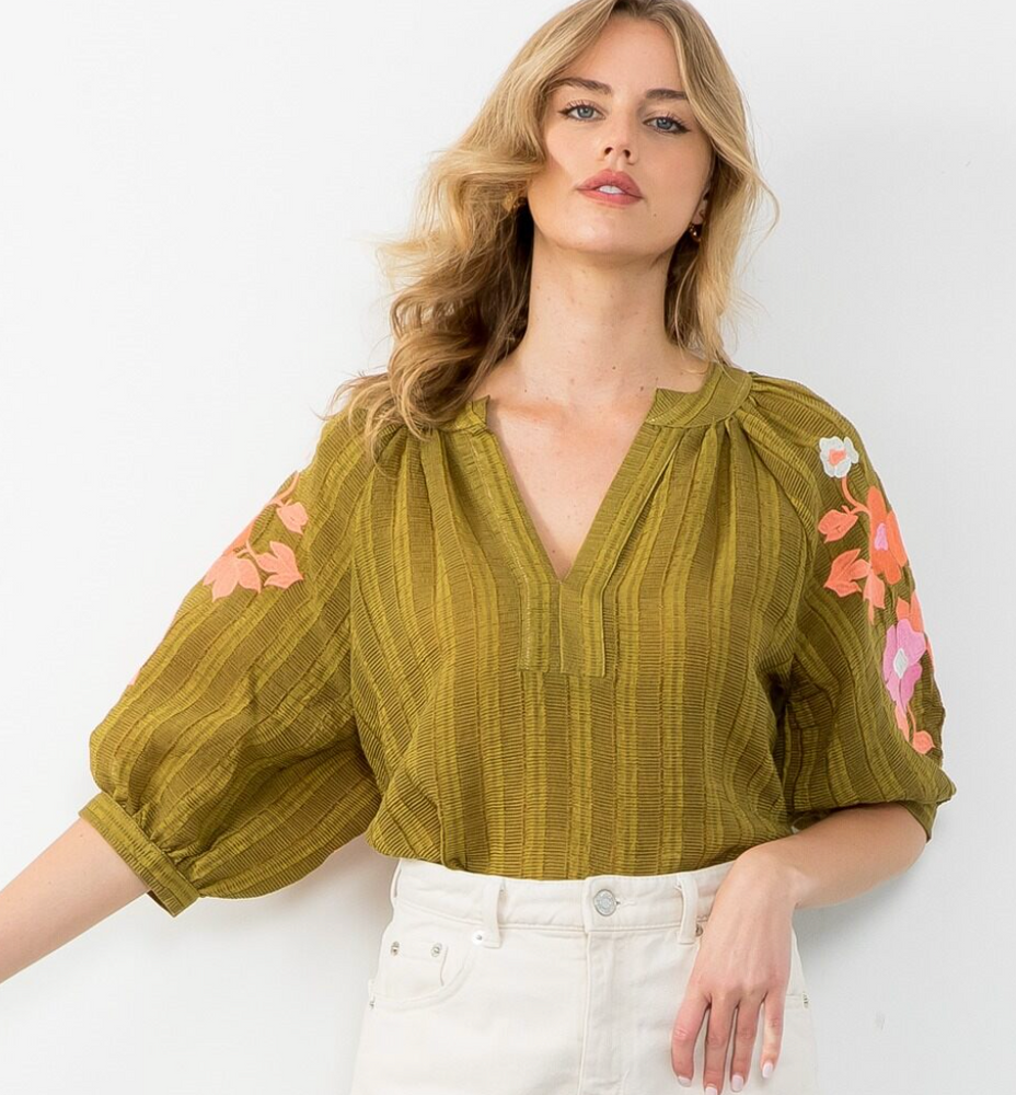 Embroidered Puff Sleeve Textured Top - Green