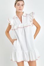 Floral Embroidered Collared Dress - White