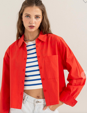 Poplin Crop Shirt-Red