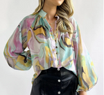 Geometric Puff Balloon Sleeve Top-Yellow