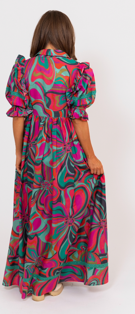 Multi Swirl Maxi Ruffle Dress