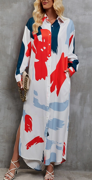 Paint Print Button Down Maxi Dress