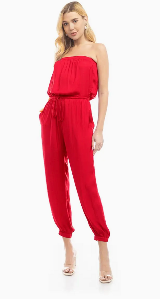 Strapless Elastic Banded Jumpsuit- Red