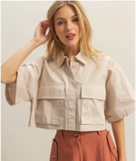 Front Pocket Poplin Crop Collared Shirt
