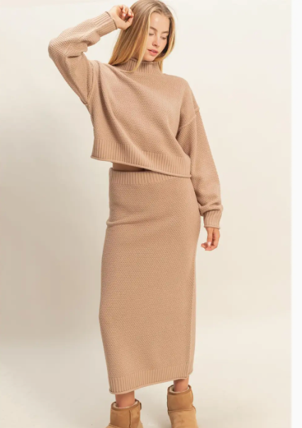 Textured High Neck Sweater & Skirt Set