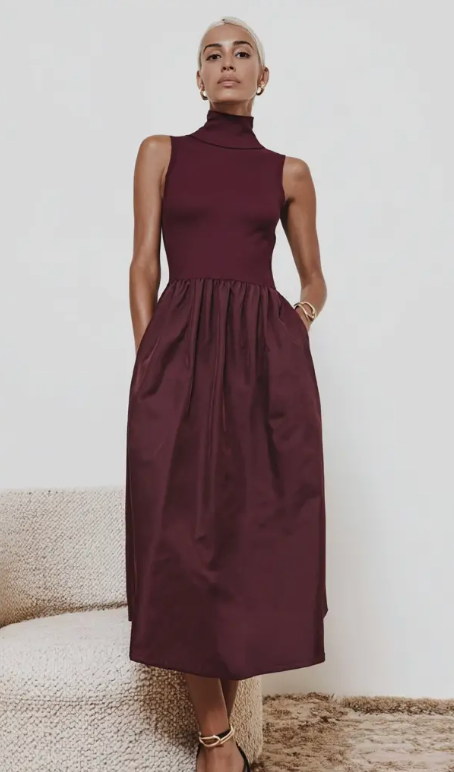 Sleeveless Mock Neck Midi Dress- Plum