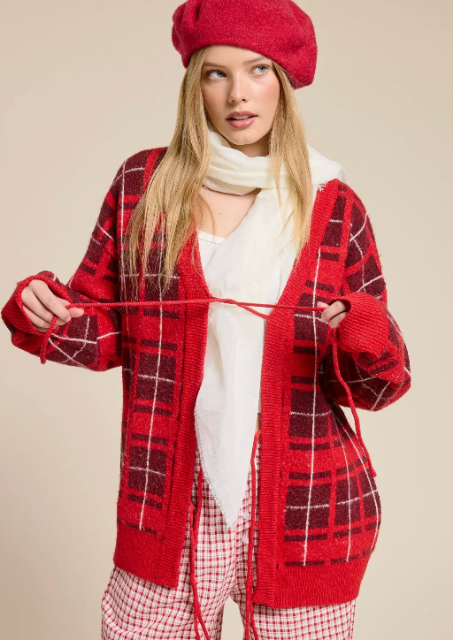 Plaid Front Tie Cardigan