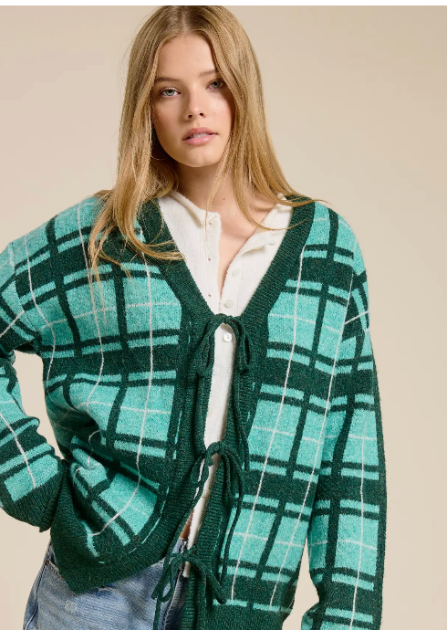 Plaid Front Tie Cardigan