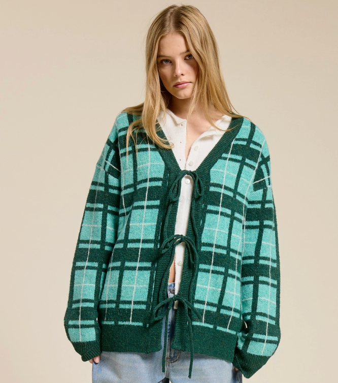 Plaid Front Tie Cardigan