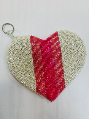 Beaded Coin Purse - White with Pink Stripes